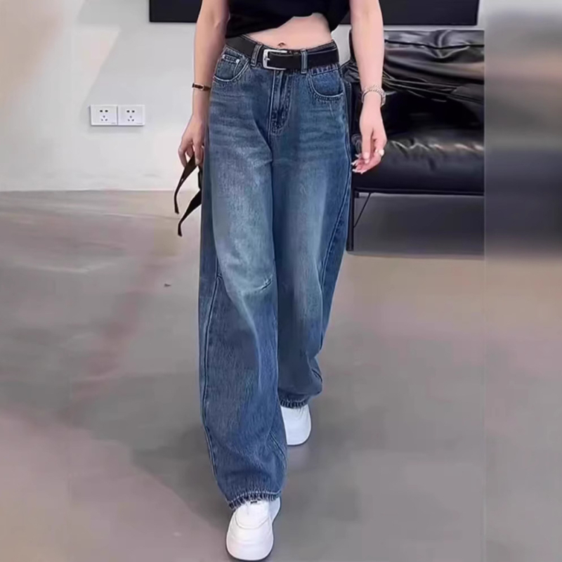 Jeansi cu croială largă, talie înaltă, denim 50–70% bumbac, toamnă 2024, tratament anti călcare