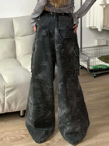 Ženske traperice širokih nogavica, visokog struka, denim, camouflage uzorak zmijskog uzorka, pran završni sloj