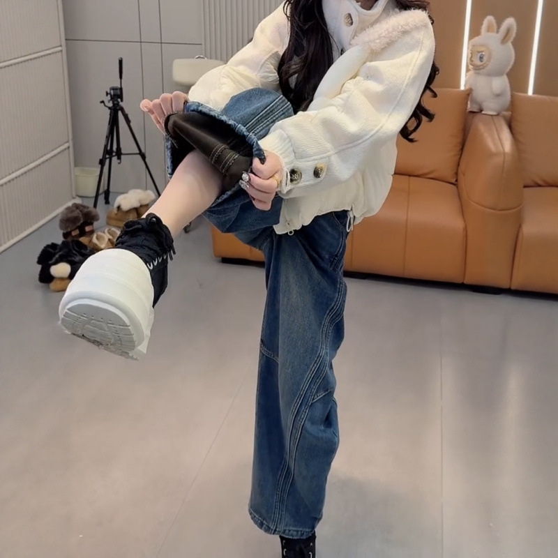 Γυναικείοι τζιν παντελόνες από ντένιμ με φλις επένδυση, παχιές, υψηλή μέση, φαρδιά γραμμή, χειμώνας 2025