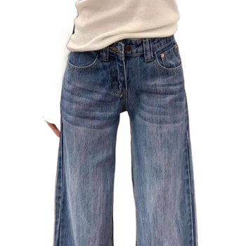 Moteriški džinsai iš denimo, aukštas juosmens, laisvas linijos, tiesios kojos, grindų ilgio, su užpakalinės kišenės klapės dizainu (Denim; aukštas juosmuo; laisvas kirpimas; tiesus kirpimas; grindų ilgio)