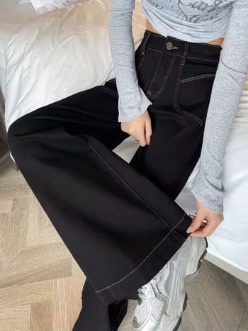Traperice s visokim strukom, široke nogavice s detaljem mikro bell-bottom, duge hlače, denim s poliestrom, blaga elastičnost