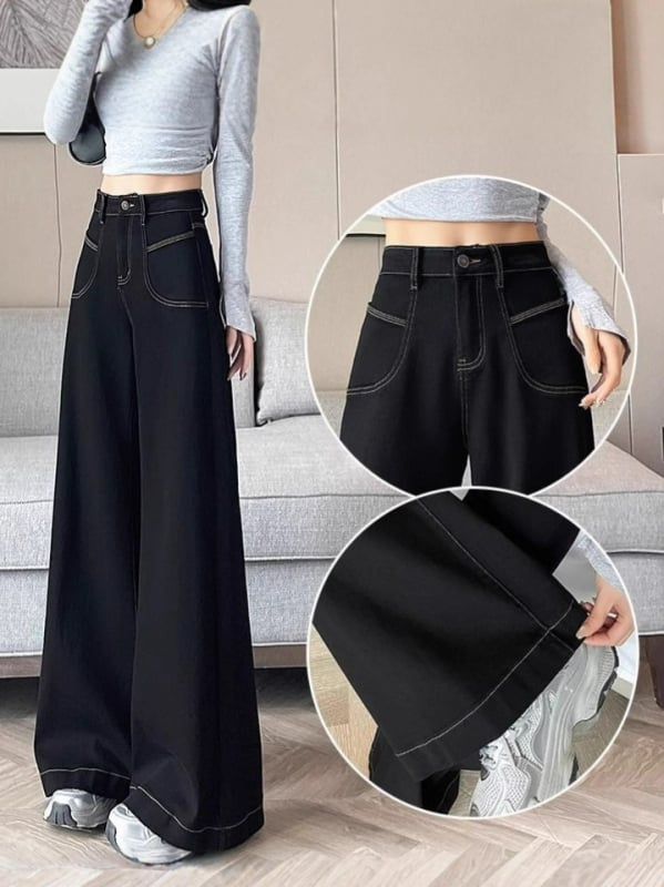 Traperice s visokim strukom, široke nogavice s detaljem mikro bell-bottom, duge hlače, denim s poliestrom, blaga elastičnost