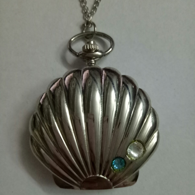 Ceas de buzunar cu capac tip scoică și diamante, stil retro pentru eleve | Mișcare Quartz, Mecanism 68, Carcasă din oțel inoxidabil, Geam din sticlă, Stil coreean