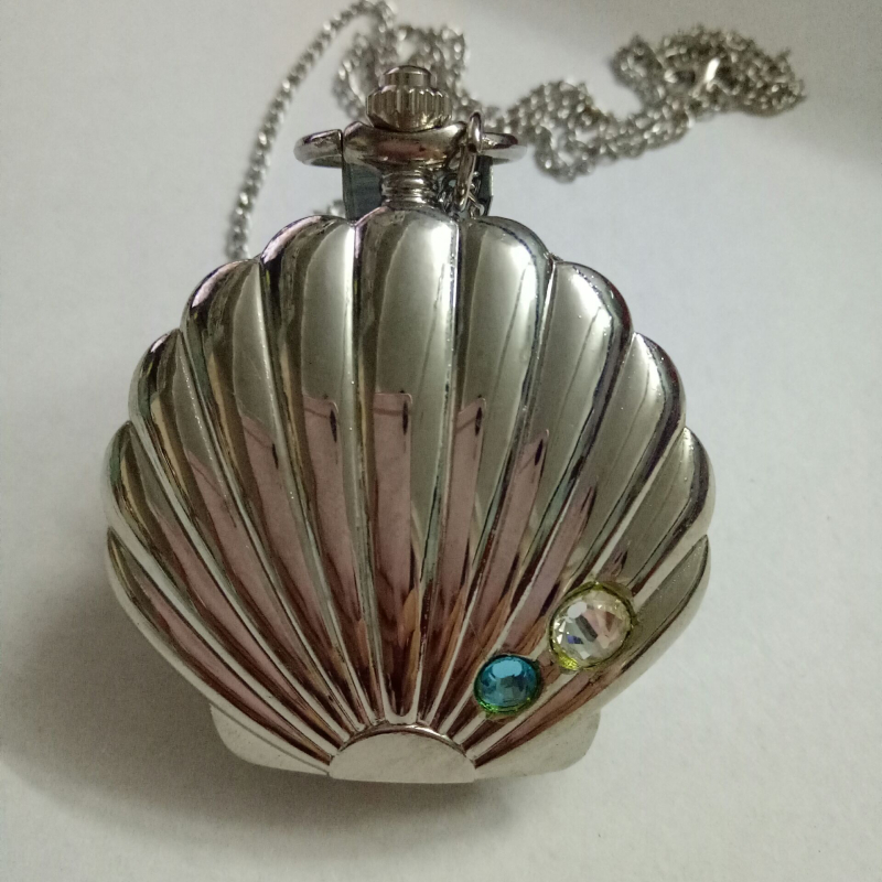 Ceas de buzunar cu capac tip scoică și diamante, stil retro pentru eleve | Mișcare Quartz, Mecanism 68, Carcasă din oțel inoxidabil, Geam din sticlă, Stil coreean