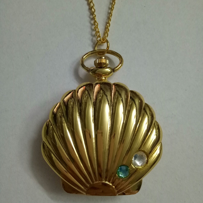 Ceas de buzunar cu capac tip scoică și diamante, stil retro pentru eleve | Mișcare Quartz, Mecanism 68, Carcasă din oțel inoxidabil, Geam din sticlă, Stil coreean