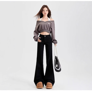 Jean evazat cu talie înaltă, denim, amestec din bumbac și poliester, grosime medie