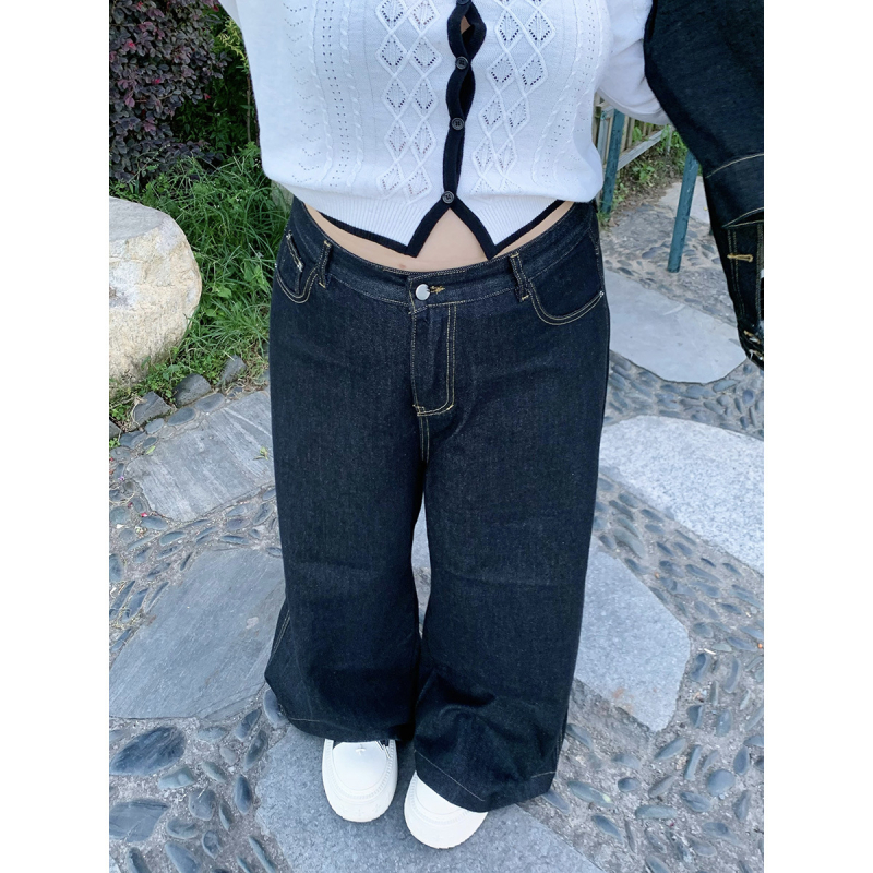 Traperice s niskim strukom, širokih nogavica, denim-cotton tkanina, retro stil, kolagensko šivanje