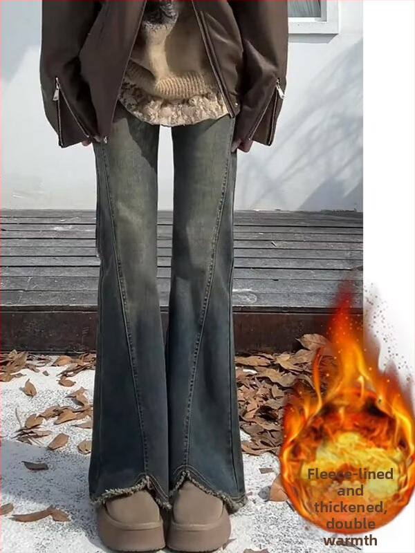 Džínsy z denimu s fleecovou podšívkou, vysoký pás, bootcut strih, distressed efekt, mikroelastické