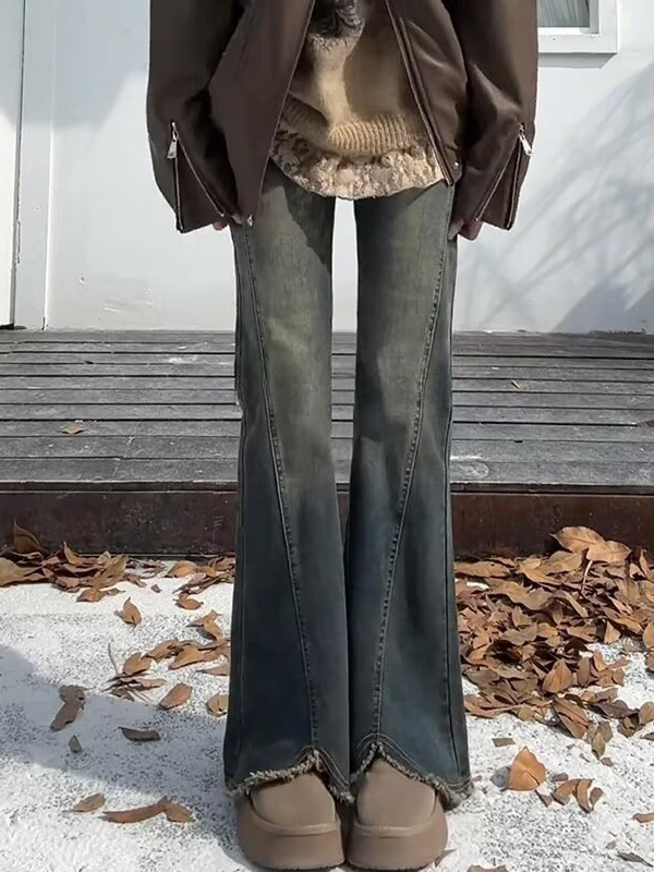 Džínsy z denimu s fleecovou podšívkou, vysoký pás, bootcut strih, distressed efekt, mikroelastické