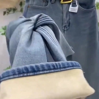 Džínsy z denimu s flísovou podšívkou, hrubé, vysoký pás, rovný strih