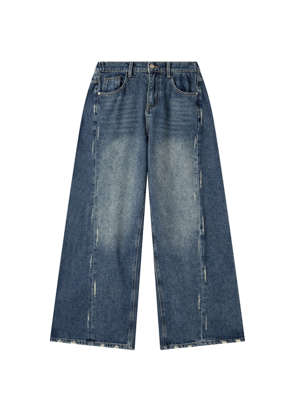 Išplautos džinsinės kelnės su plačiomis kojomis, aukštas juosmuo, 90–95% medvilnė, kaubojiškas stilius