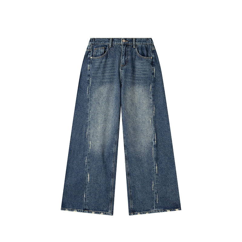 Išplautos džinsinės kelnės su plačiomis kojomis, aukštas juosmuo, 90–95% medvilnė, kaubojiškas stilius