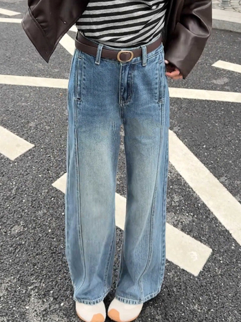 Blugi croi larg, talie înaltă, denim de bumbac cu 30–50% poliester, tratament fără călcare, primăvara 2025