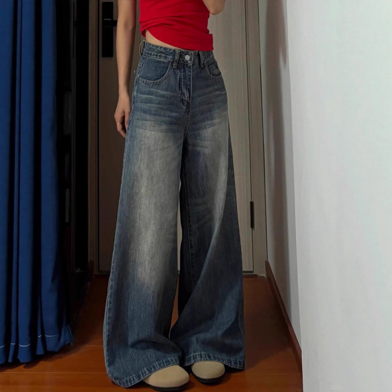 Ženske hlače od džinsa sa širokim krojem, denim, pamuk-spandeks smjesa, visokim strukom, slobodan kroj, zip zatvarač (denim • pamuk-spandeks smjesa • visokim strukom • slobodan kroj • zip zatvarač)