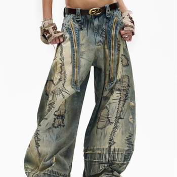 Τζιν με σκισίματα και κέντημα, χαλαρή φαρδιά γραμμή, μεσαία ανάγκη, κουμπί κλείσιμο (βαμβακό μίγμα ύφασμα)