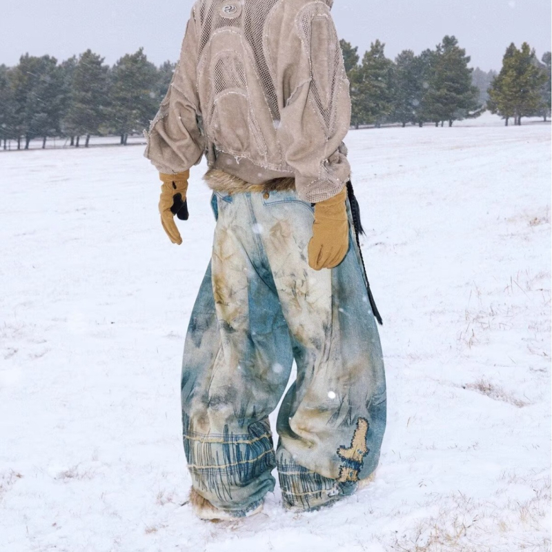 Τζιν με σκισίματα και κέντημα, χαλαρή φαρδιά γραμμή, μεσαία ανάγκη, κουμπί κλείσιμο (βαμβακό μίγμα ύφασμα)
