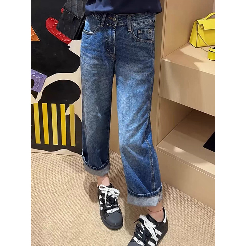 Blugi pentru femei, talie înaltă, croială dreaptă cu wide-leg, lungime 9/10, amestec de bumbac 50–70%, fără călcare