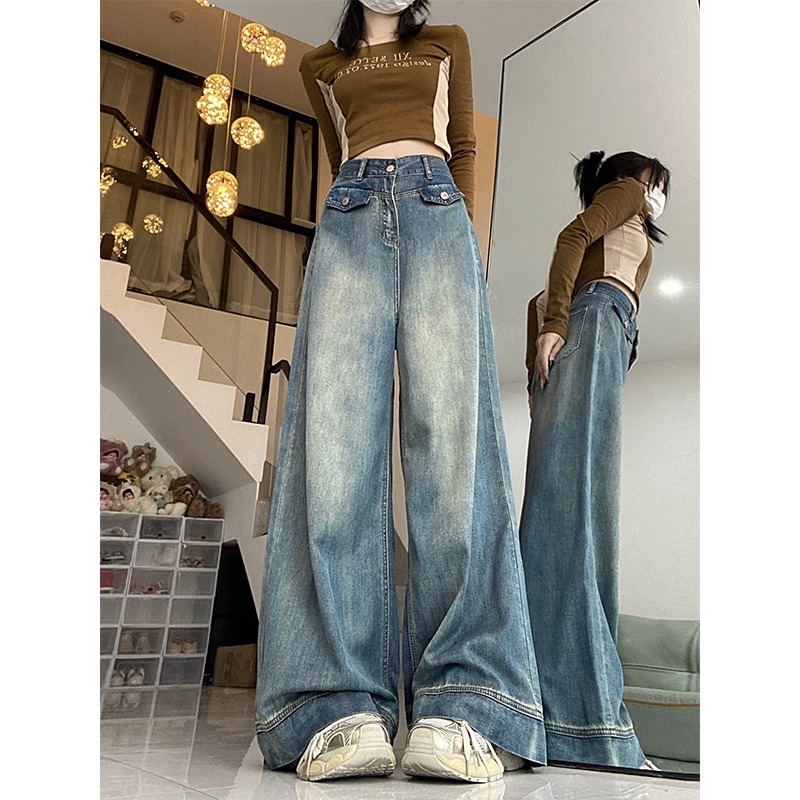 Blugi din denim pentru femei, stil retro cu croială largă, talie înaltă, croială dreaptă, lejer, fără călcare, 30–50% bumbac