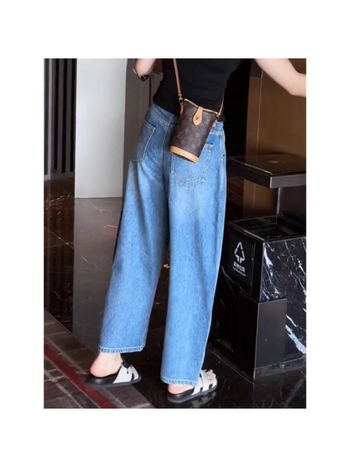 Blugi cu talie înaltă, croială largă, din bumbac, fără elasticitate, finisaj fără călcare