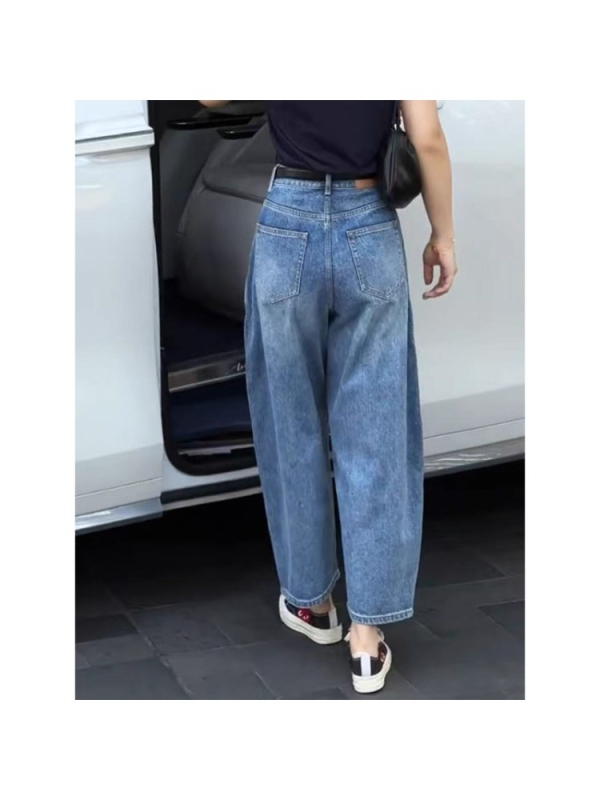 Blugi cu talie înaltă, croială largă, din bumbac, fără elasticitate, finisaj fără călcare