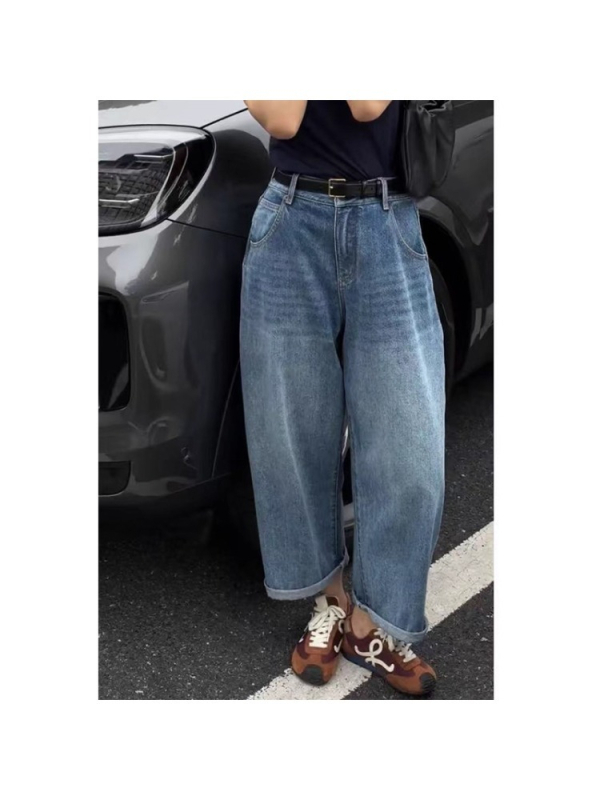 Blugi cu talie înaltă, croială largă, din bumbac, fără elasticitate, finisaj fără călcare