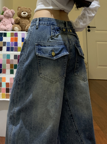 Blugi din denim pentru femei, talie înaltă, croială largă, fără călcare