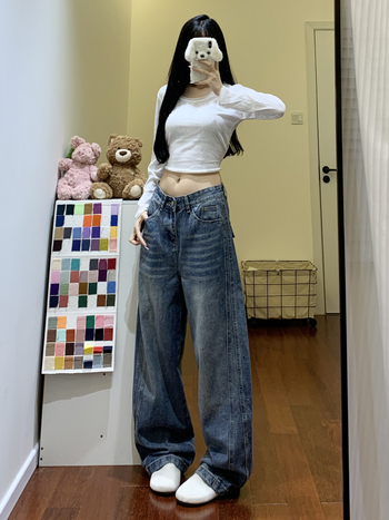 Blugi din denim pentru femei, talie înaltă, croială largă, fără călcare