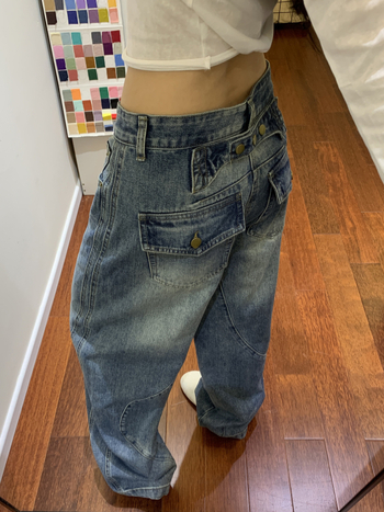 Blugi din denim pentru femei, talie înaltă, croială largă, fără călcare