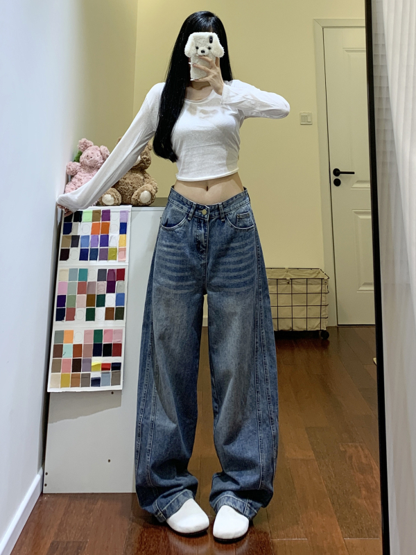 Blugi din denim pentru femei, talie înaltă, croială largă, fără călcare