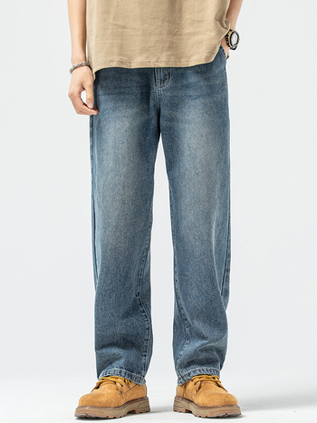Ανδρικά τζιν σε χαλαρή γραμμή, ίσια πόδια, μεσαία μέση, φερμουάρ, πλυμένα ντένιμ σε στυλ καουμπόι, 93,5% βαμβάκι