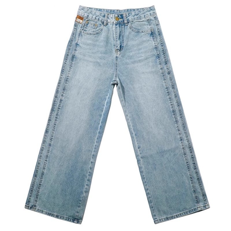 Jeans din denim - croială largă, talie înaltă, croială dreaptă; 50–70% bumbac, poliester <30%; neelastic, finisaj vopsire