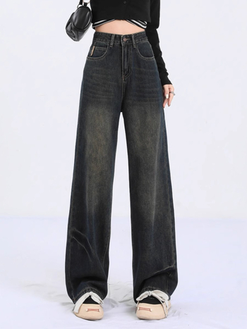 Jeans damă vintage drept, talie înaltă, lungime până la podea, denim cu elastan ușor