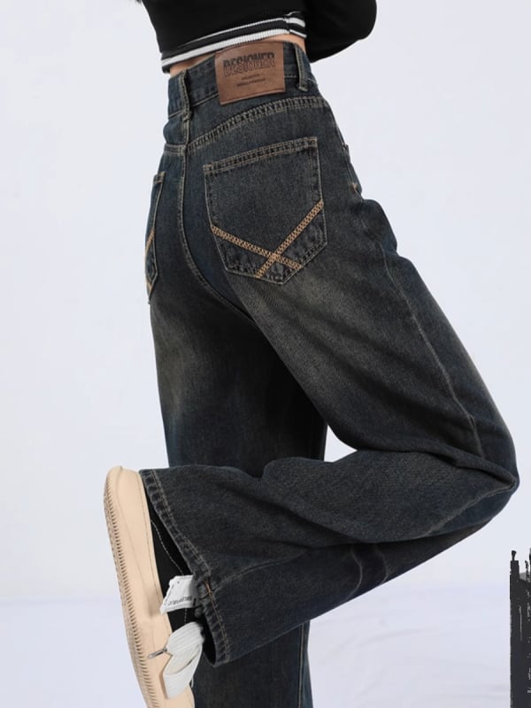 Jeans damă vintage drept, talie înaltă, lungime până la podea, denim cu elastan ușor