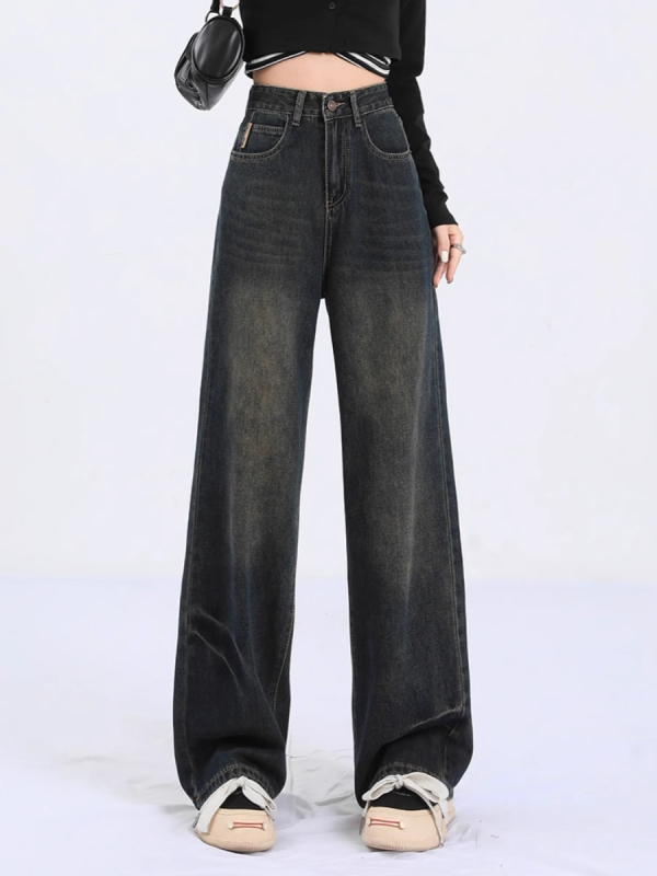 Jeans damă vintage drept, talie înaltă, lungime până la podea, denim cu elastan ușor