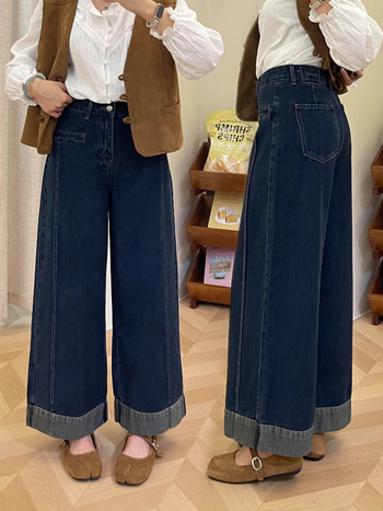 Ženske traperice širokih nogavica s visokim strukom, denim, pamuk 50–70% i poliester, elegantan gradski stil, duljina 9/10