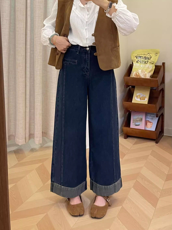 Ženske traperice širokih nogavica s visokim strukom, denim, pamuk 50–70% i poliester, elegantan gradski stil, duljina 9/10