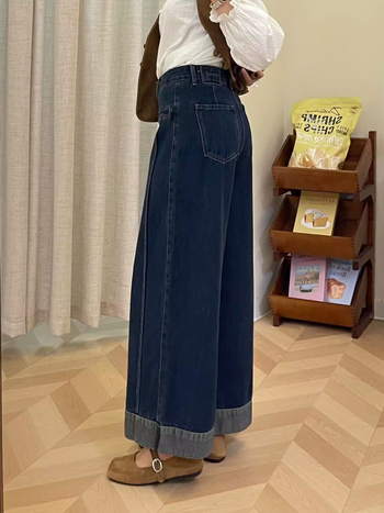 Ženske traperice širokih nogavica s visokim strukom, denim, pamuk 50–70% i poliester, elegantan gradski stil, duljina 9/10