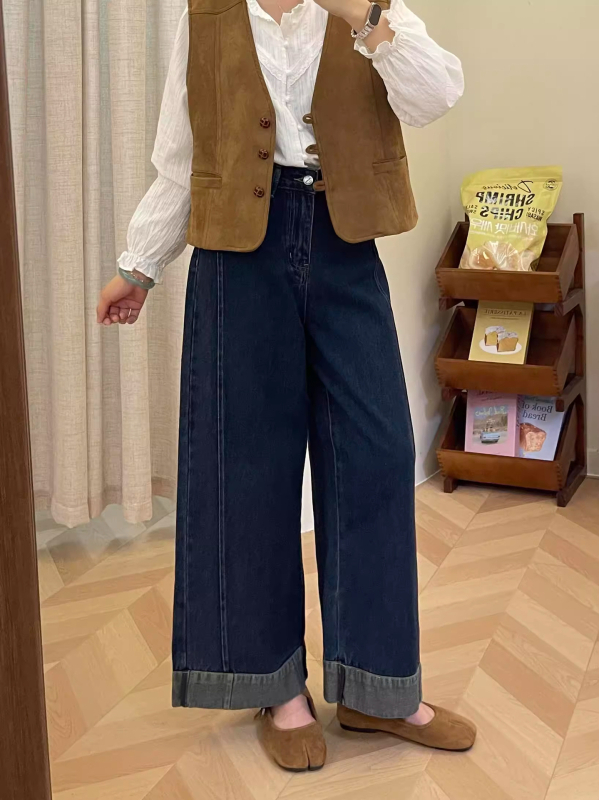 Ženske traperice širokih nogavica s visokim strukom, denim, pamuk 50–70% i poliester, elegantan gradski stil, duljina 9/10