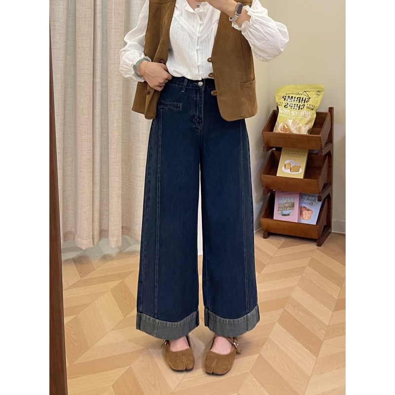 Ženske traperice širokih nogavica s visokim strukom, denim, pamuk 50–70% i poliester, elegantan gradski stil, duljina 9/10