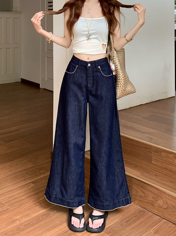 Blugi din denim, talie înaltă, croială largă, lungime 3/4, denim ușor