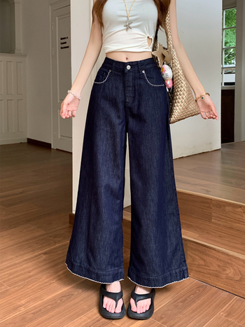 Blugi din denim, talie înaltă, croială largă, lungime 3/4, denim ușor