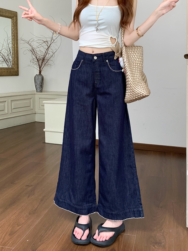 Blugi din denim, talie înaltă, croială largă, lungime 3/4, denim ușor