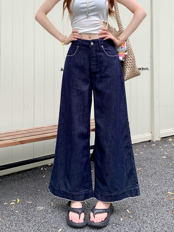 Blugi din denim, talie înaltă, croială largă, lungime 3/4, denim ușor