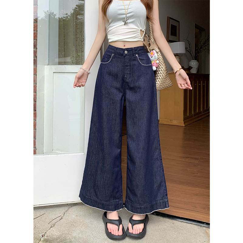 Blugi din denim, talie înaltă, croială largă, lungime 3/4, denim ușor