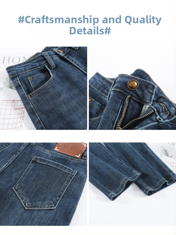 Blugi femei cu croială dreaptă, denim din bumbac-elastic, talie înaltă, lungime medie, elastici