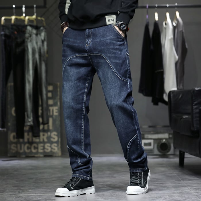 Ανδρικά τζιν με στενή γραμμή, βαμβακερό ντένιμ, μικροελαστικότητα, μεσαία μέση, φερμουάρ