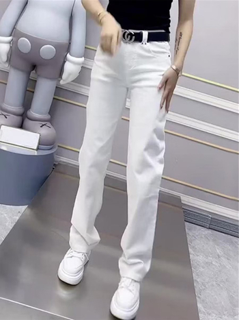 Jeans dama talie înaltă, stretch, croială dreaptă, din bumbac-elastan, grosime medie