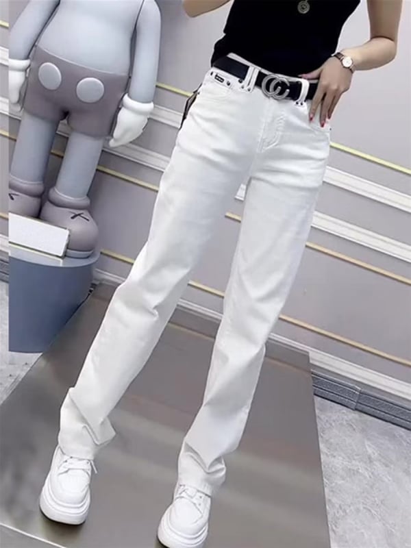 Jeans dama talie înaltă, stretch, croială dreaptă, din bumbac-elastan, grosime medie