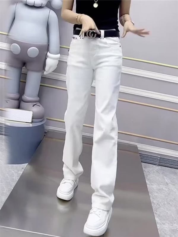 Jeans dama talie înaltă, stretch, croială dreaptă, din bumbac-elastan, grosime medie