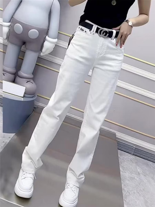 Jeans dama talie înaltă, stretch, croială dreaptă, din bumbac-elastan, grosime medie